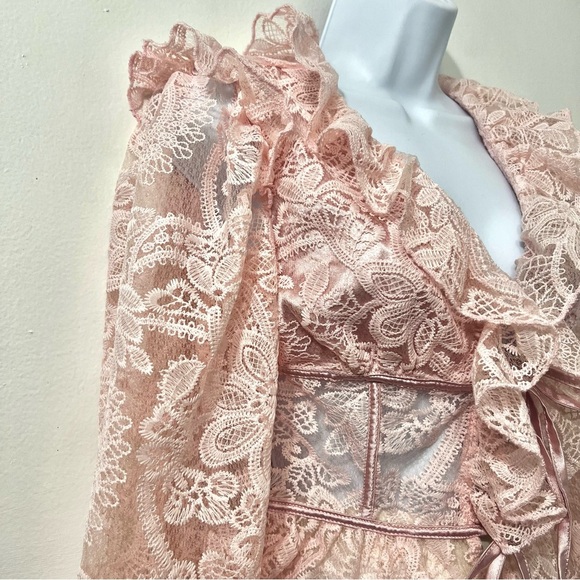 Womens S Embroidered Lace Sheer Pink Top Fairy Barbie Feminine Coquette Romantic - Picture 3 of 12